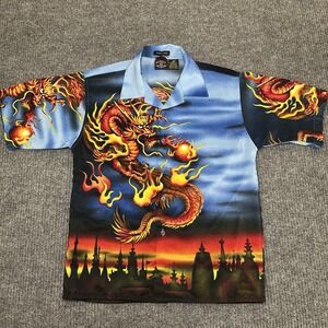 Vintage Y2K No Contest Kids Size M Dragon Print Short Sleeve‎ Button Down